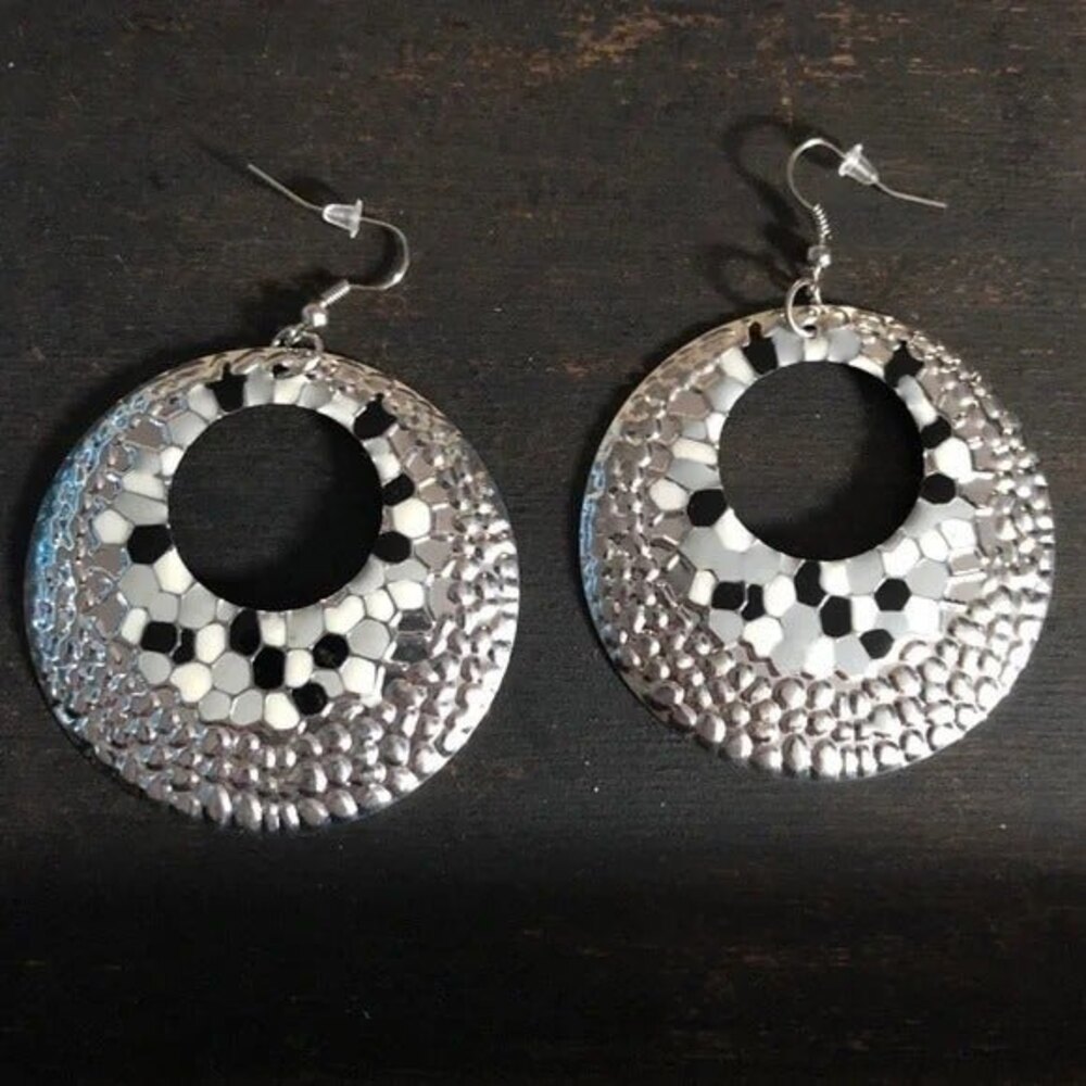Large Textured Silver Circle Dangle Earrings